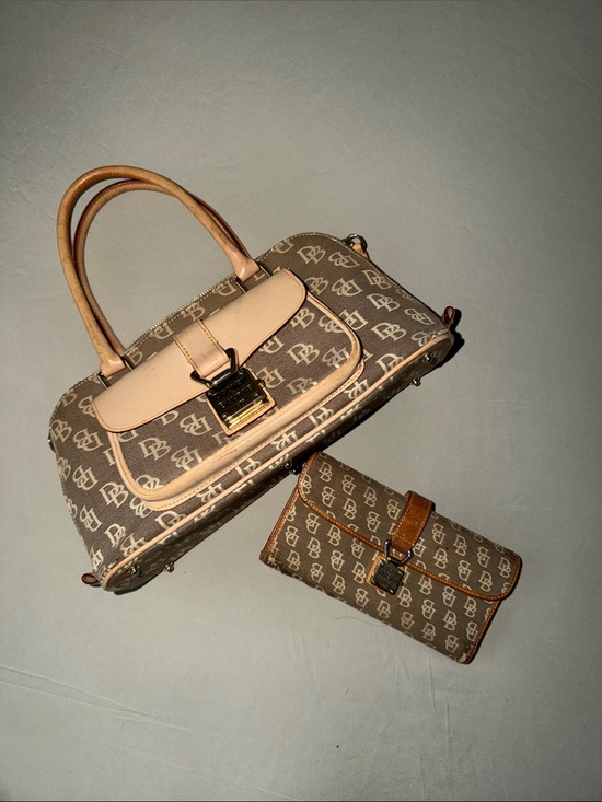 Dooney & Bourke Handbags - Dooney & Bourke Brown Monogram Satchel with Light Tan Trim